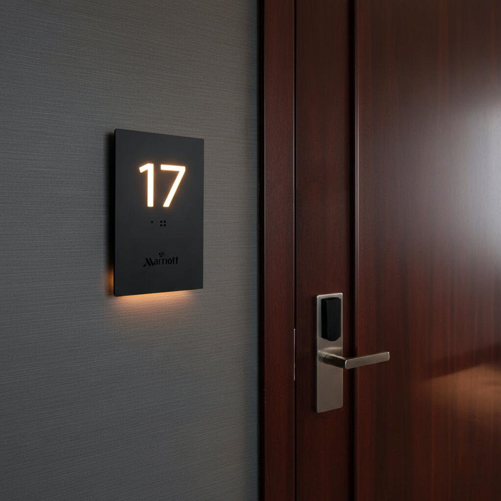 Illuminated hotel room number sign with logo and ADA compliant Braille