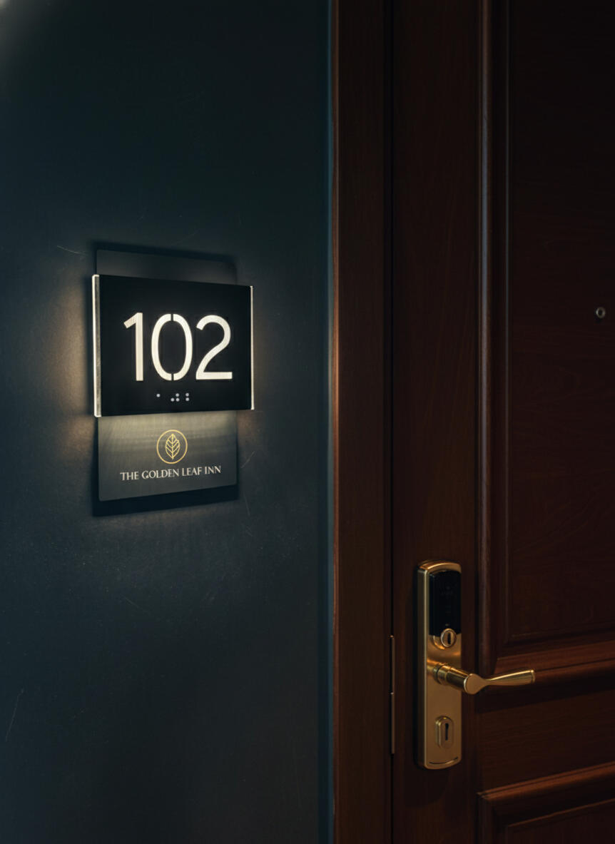 High-quality hotel room plaque with ADA compliant Braille and LED lighting Custom hotel room plaque with illuminated numbers, ADA compliant Braille and logo
